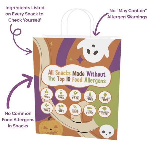 Halloween-themed snack bag with allergen-free icons on a white background