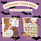 Halloween treat bags with ghost and pumpkin design on a purple background with bats.