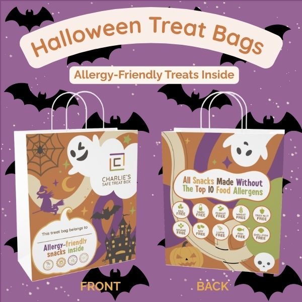 Halloween treat bags with ghost and pumpkin design on a purple background with bats.