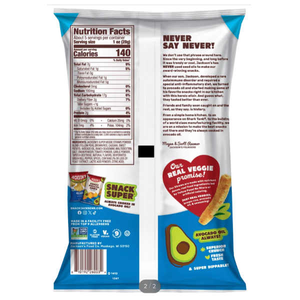 Jacksons Avocado Oil Veggie Straws Ranch 142g Back Package