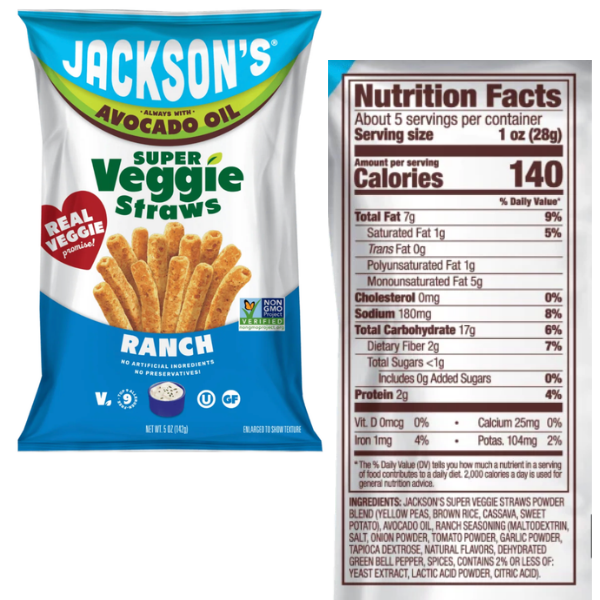 Jacksons Avocado Oil Veggie Straws Ranch 142g Nutritional Facts