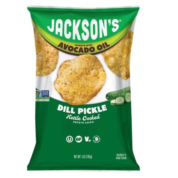 Front packaged of Jacksons Dill Pickle Kettle Cooked Potato Chips 142g
