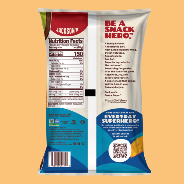 Back view of a Jackson's snack packaging with nutritional information and branding on an orange background