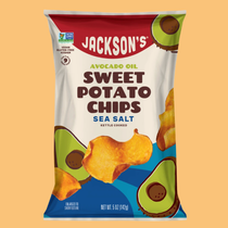 Packaging of Jackson's Avocado Oil Sweet Potato Chips with sea salt on a peach background