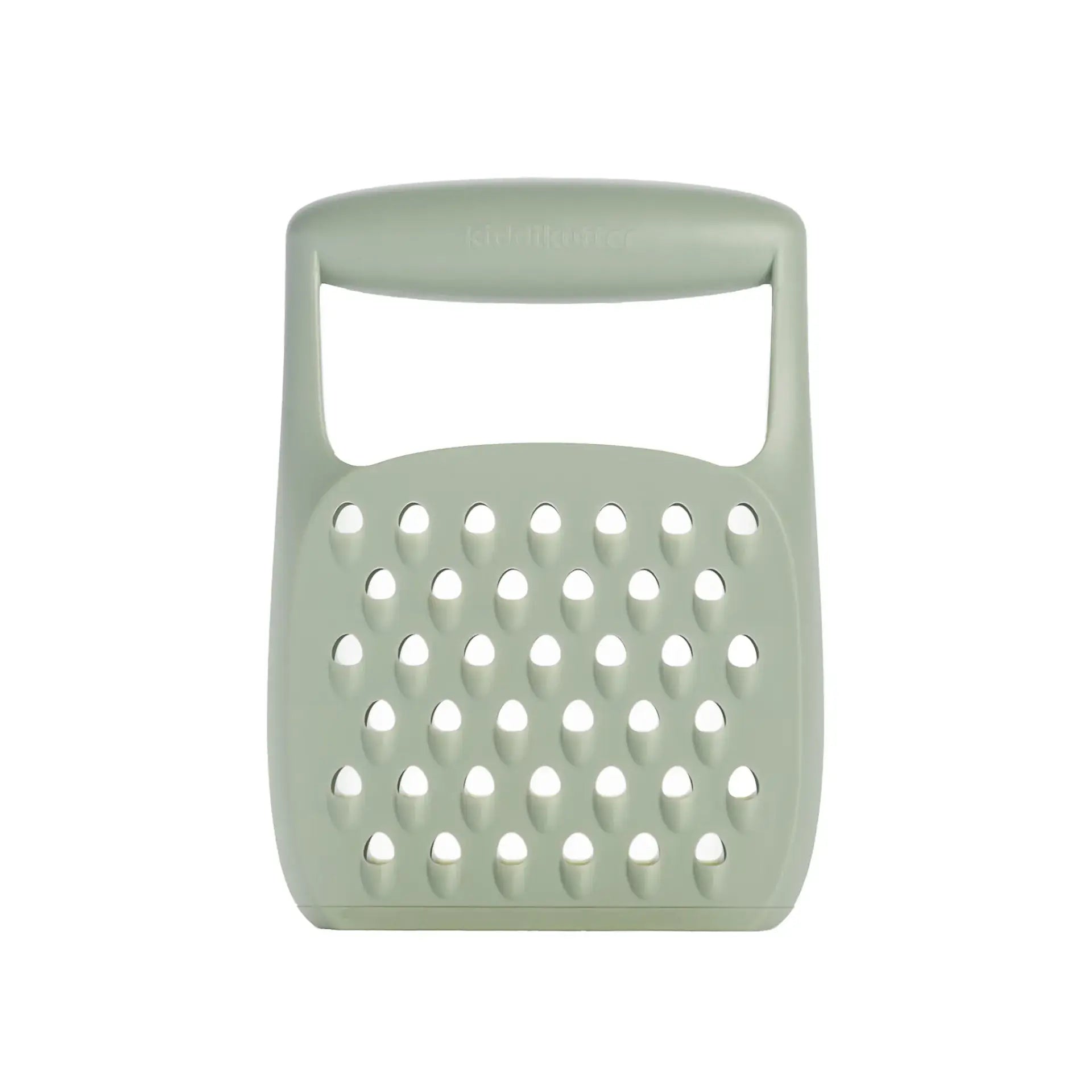 A sage green silicone kitchen grater with a handle, shown against a plain white background.