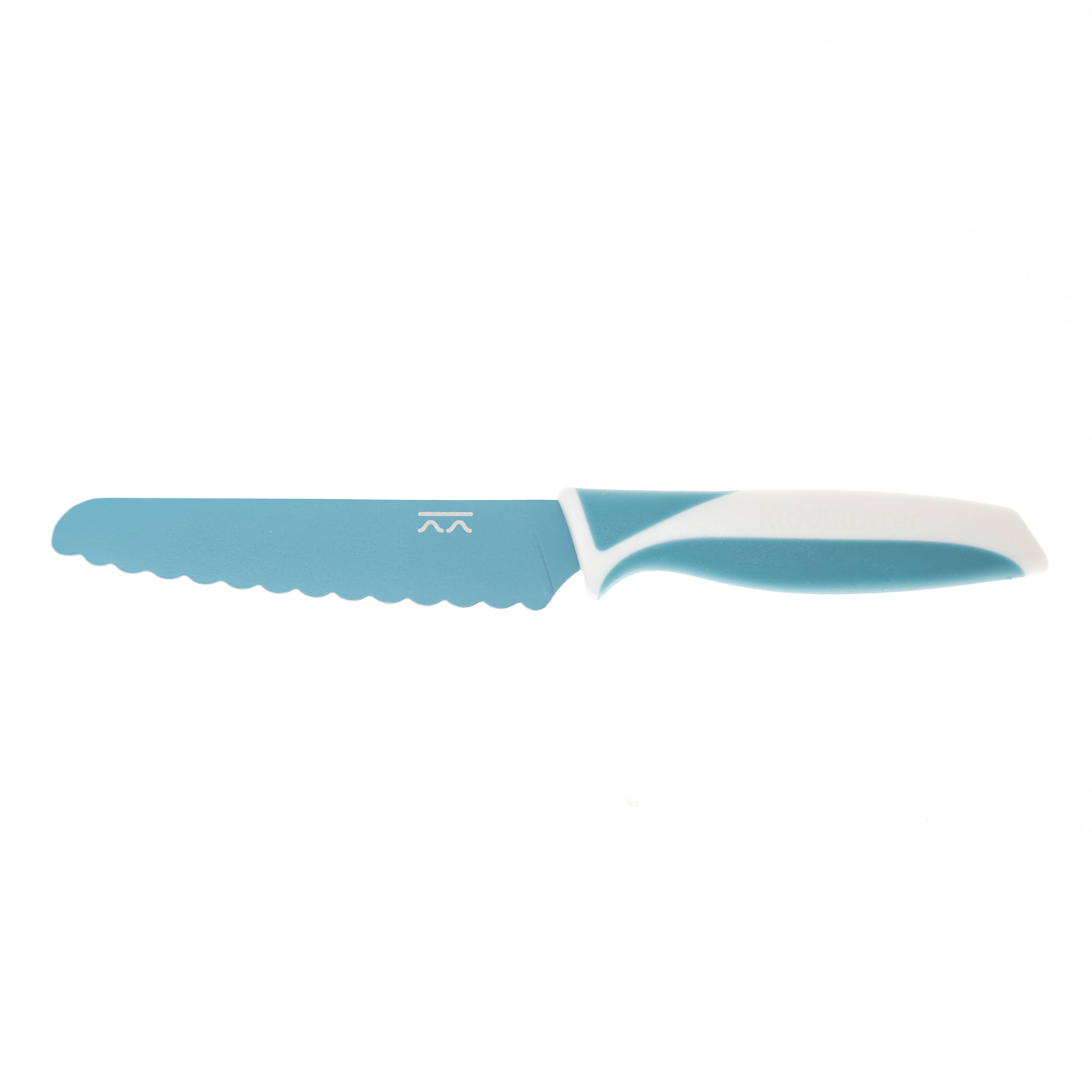 KiddiKutter blue bread knife with white handle on a white background
