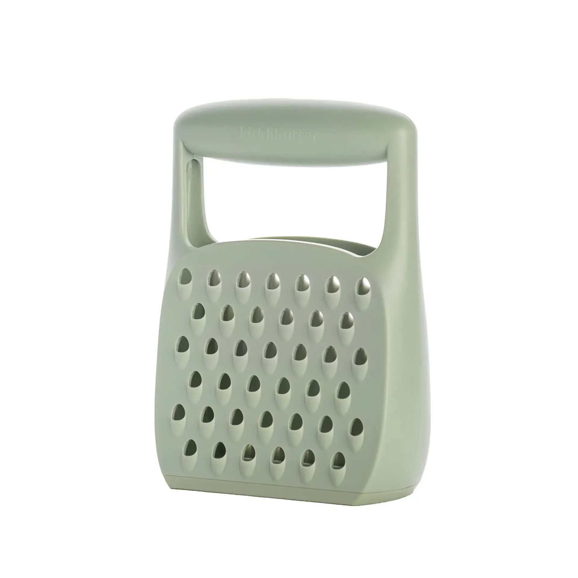 A sage green plastic cheese grater with a built-in handle, shown on a plain white background.