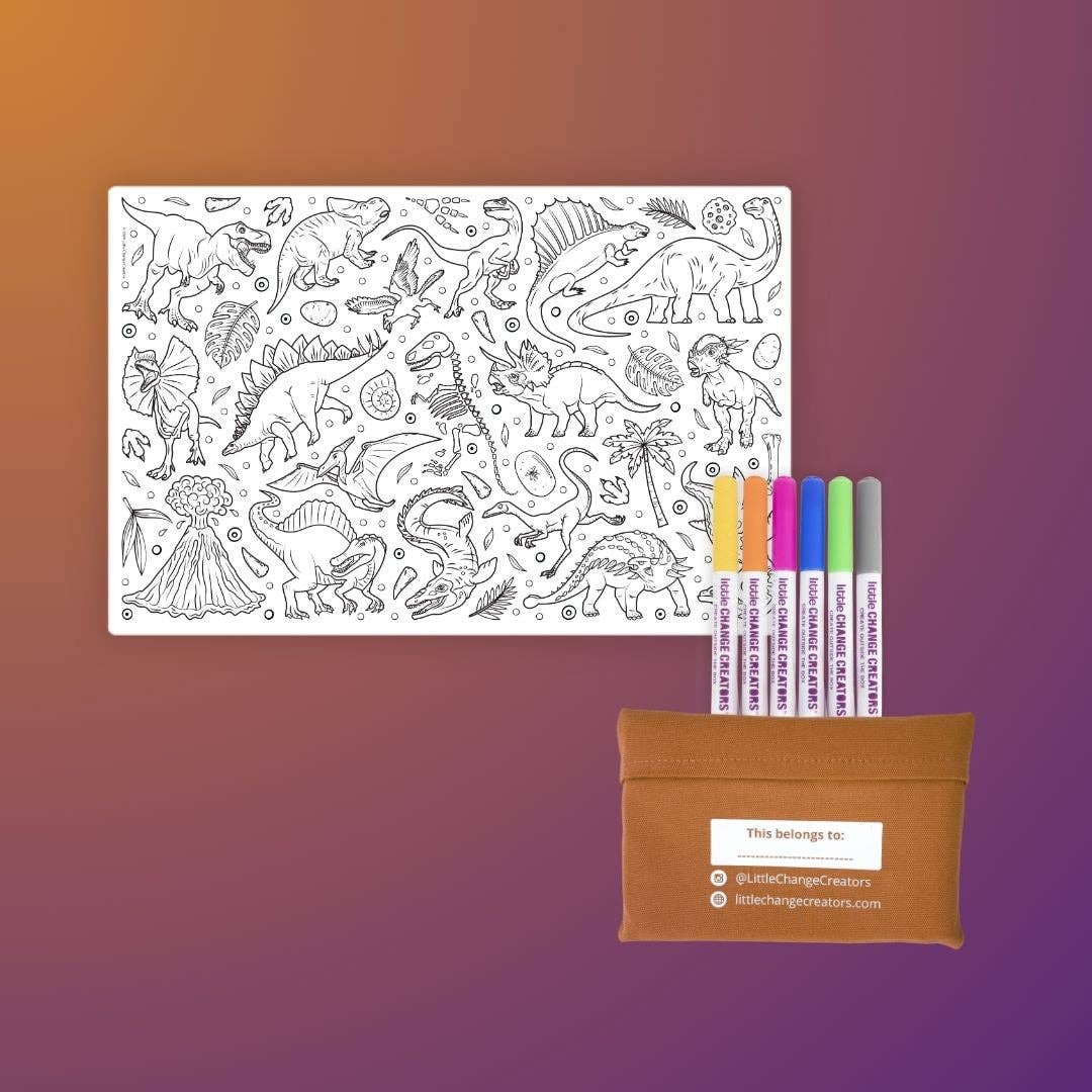 Colouring sheet with dinosaur illustrations and markers on a gradient background