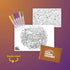 Coloring book with two pages, markers, and a small pouch on a gradient background