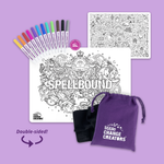 Coloring book set with markers, pouch, and coloring sheets on a purple background