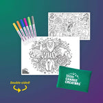 Coloring book set with markers and a pouch on a gradient background