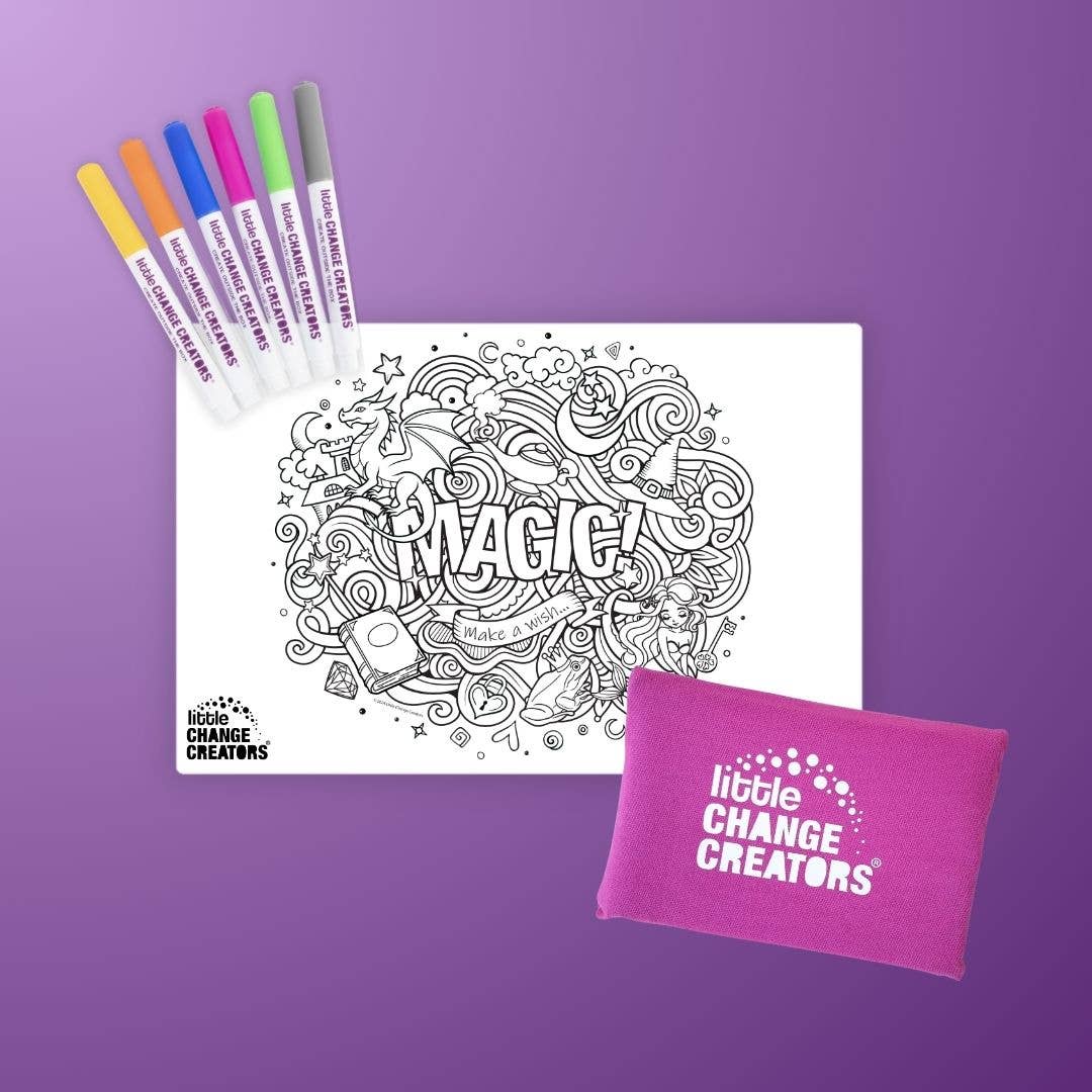Colouring sheet with 'MAGIC' and doodles, markers, and a pink towel on a purple background.