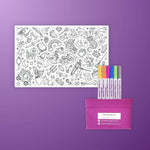 Colouring mat with black and white illustrations and markers on a purple background