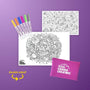 Coloring book with 'Magic' design, markers, and a small pouch on a purple background.