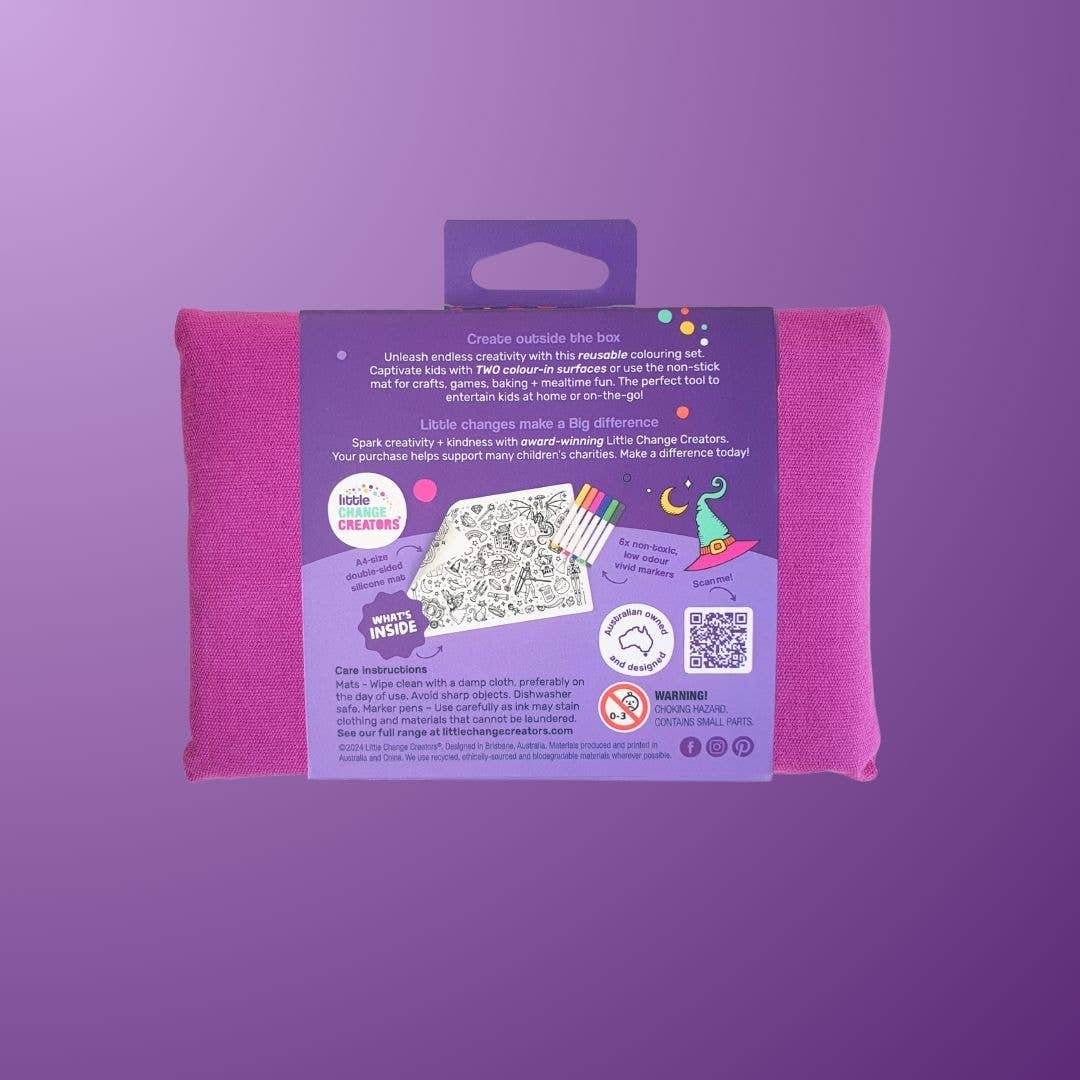 Purple fabric with a colorful label on a purple background