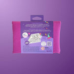 Purple fabric with a colorful label on a purple background