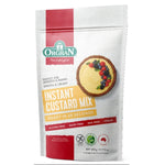 A 200g stand-up pouch of Orgran Instant Custard Mix on a plain white background. The packaging is primarily white with red and yellow accents, featuring the green and white Orgran logo and an image of a tart on the front.