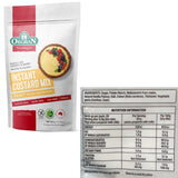 A package of Orgran Instant Custard Mix shown next to its nutrition information label on a plain white background.