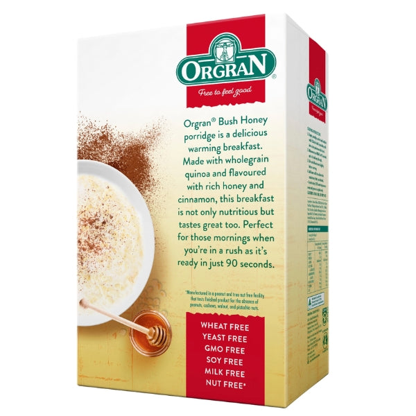 A box of Orgran gluten free quinoa Bush Honey Porridge, wheat free and yeast free, shown on a clean white background. The packaging features a white and beige design with a red logo banner, a photo of a prepared bowl of porridge, and a honey dipper graphic.