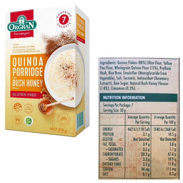 Orgran Quinoa Porridge with Bush Honey flavor packaging shown alongside the back nutrition panel on a plain white background.