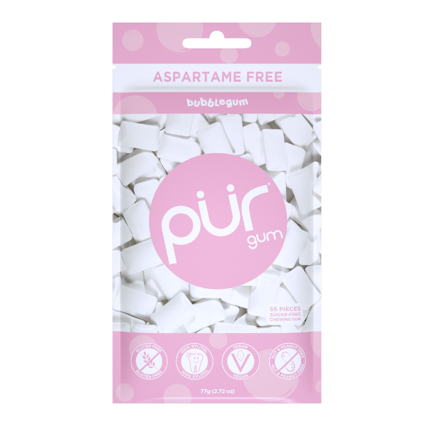 Pur gum packaging with bubblegum flavor on a white background