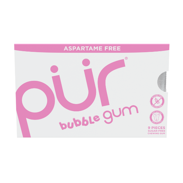 Pur bubble gum packaging with pink text on a white background