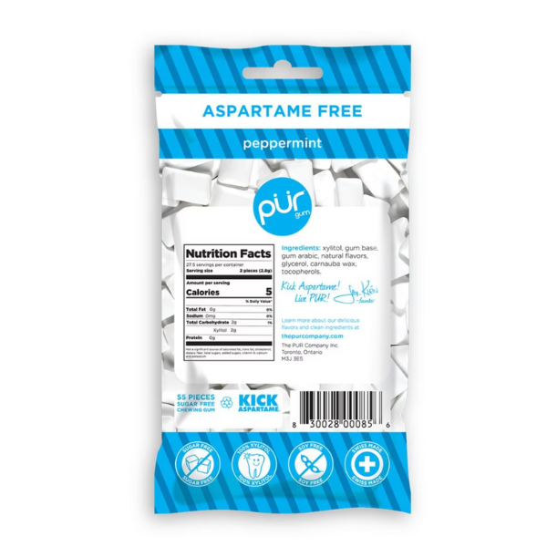 Pack of PUR peppermint candies with aspartame-free label on a white background