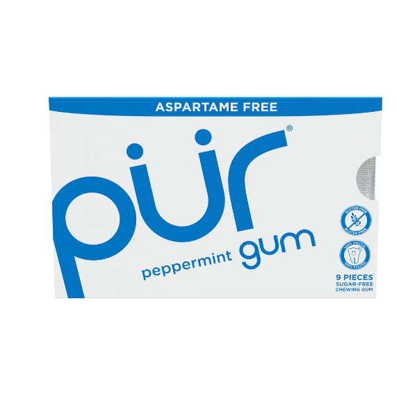 Pack of pur peppermint gum with aspartame-free label on a white background