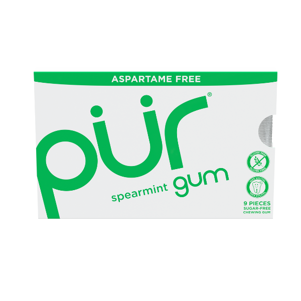 Box of pur spearmint gum with green text on a white background