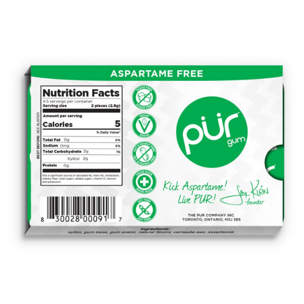 Box of PUR gum with nutrition facts label on a white background