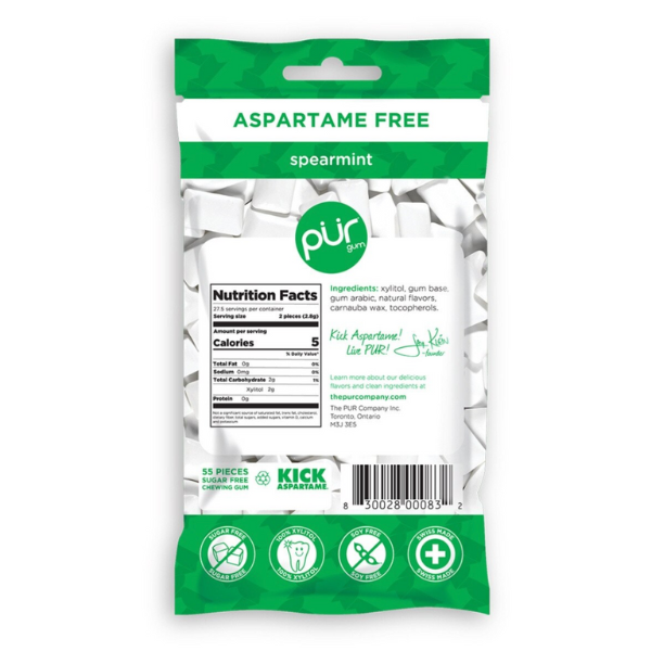Packaged gum with 'Aspartame Free' label on a white background