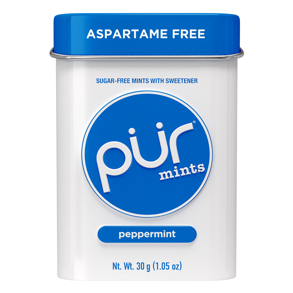 Canister of PUR mints with blue and white label on a white background