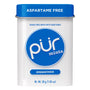 Canister of PUR mints with blue and white label on a white background