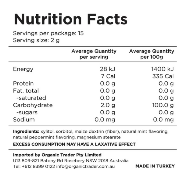 Nutrition facts label for a product with specific details about energy, calories, and ingredients.