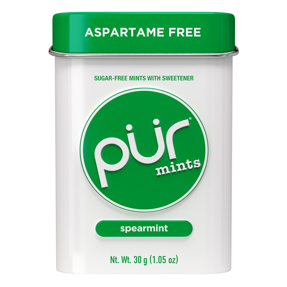 Container of PUR mints with spearmint flavor on a white background
