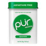 Container of PUR mints with spearmint flavor on a white background