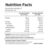 Nutrition facts label for a product with detailed information on energy, calories, and ingredients.