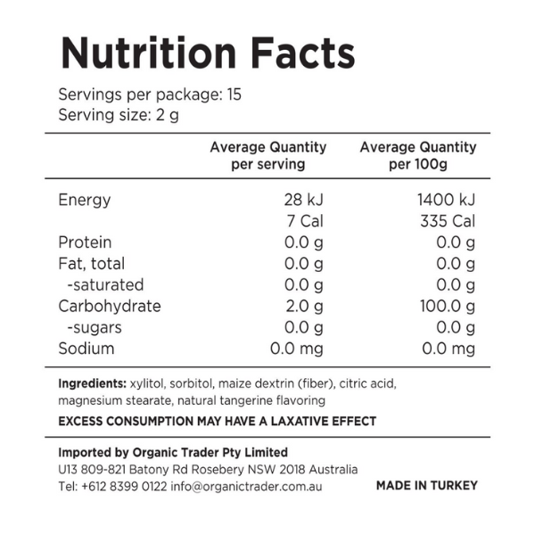 Nutrition facts label for a product with detailed information on energy, calories, and ingredients.