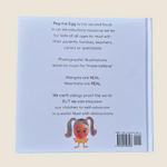 Back cover of a book titled 'Peg the Egg' with text and a colorful character illustration on a light blue background.