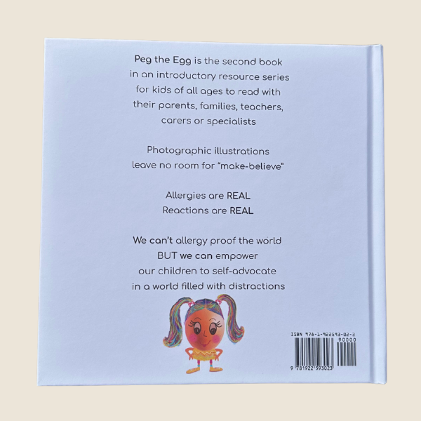 Back cover of a book titled 'Peg the Egg' with text and a colorful character illustration on a light blue background.