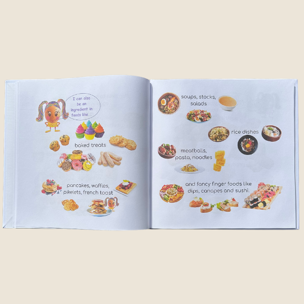Open book with illustrations of food categories on a light background