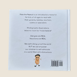 Back cover of a book with text and a cartoon character on a light beige background