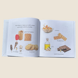 Open book showing illustrations of food allergy peanut items on a light beige background
