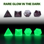 Glow-in-the-dark polyhedral dice set with text 'Rare Glow in the Dark' on a gradient background.