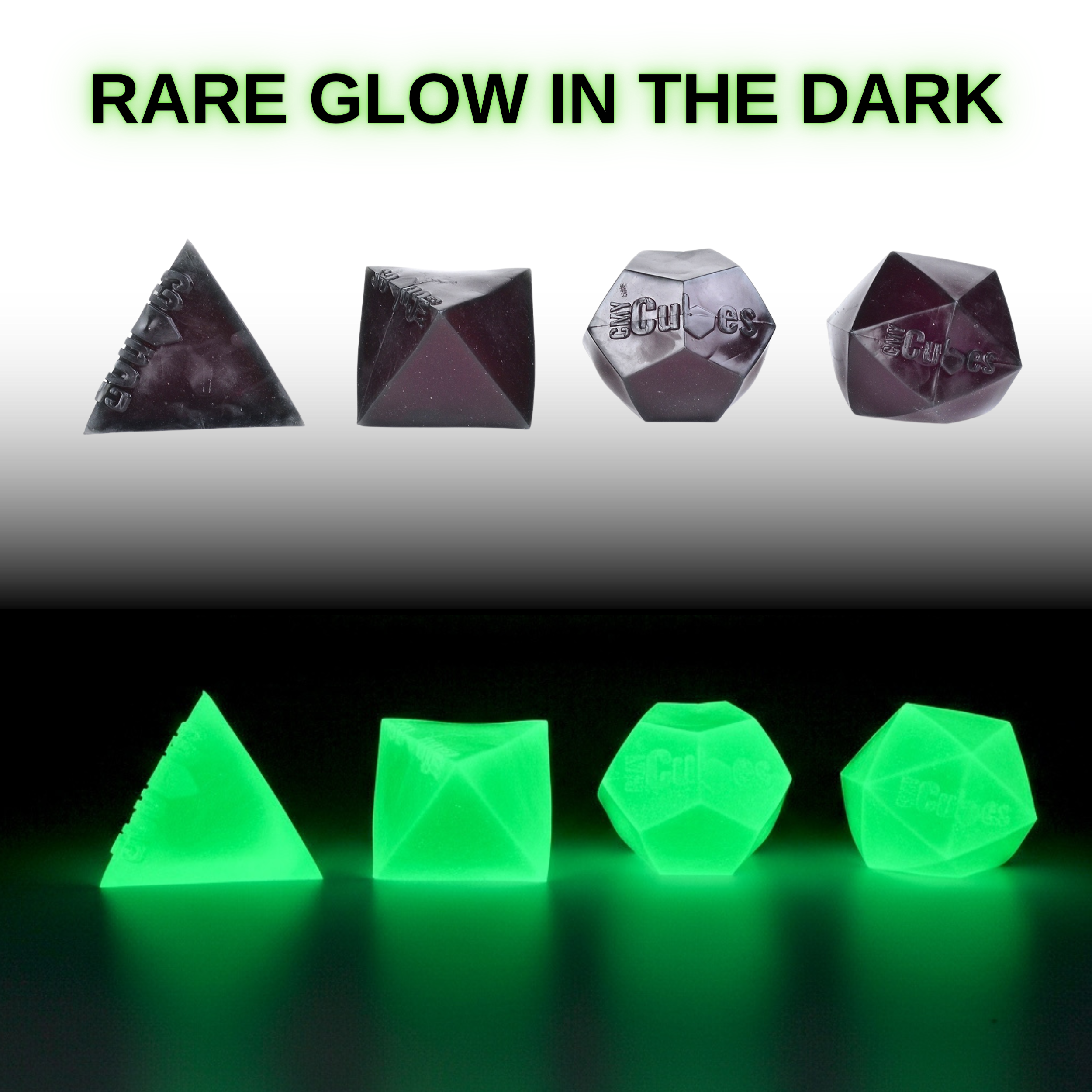 Glow-in-the-dark polyhedral dice set with text 'Rare Glow in the Dark' on a gradient background.