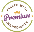 Circular logo with 'Packed with Premium Ingredients' text and a crown symbol on a white background.
