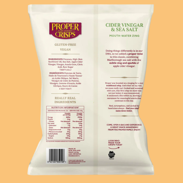 Proper Crisps Cider Vinegar Sea Salt 140g Back Packet