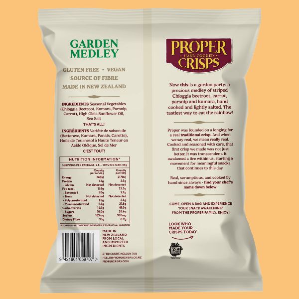 Proper Crisps Garden Medley 100g Nutrition Information Panel