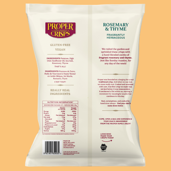 Proper Crisps Rosemary and Thyme Chips 40g Back Bag