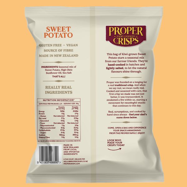 Proper Crisps Sweet Potato 100g Nutrition Information Panel